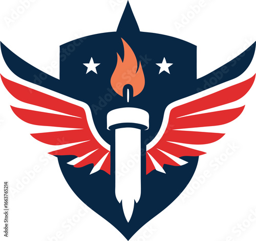  patriotic emblem featuring a torch with wings and a shield, symbolizing american values and ideals