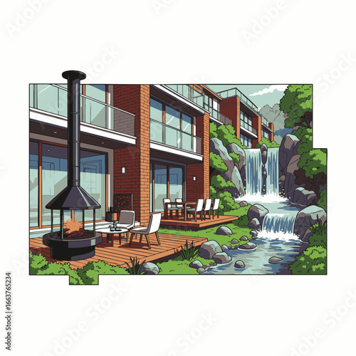 A modern building with a spacious outdoor deck and a fireplace, seamlessly integrated into a natural landscape featuring a beautiful cascading waterfall.