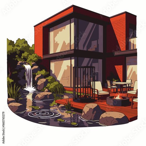 A striking modern house featuring bold red accents, expansive windows, and a serene outdoor oasis with a cascading waterfall and tranquil pond.