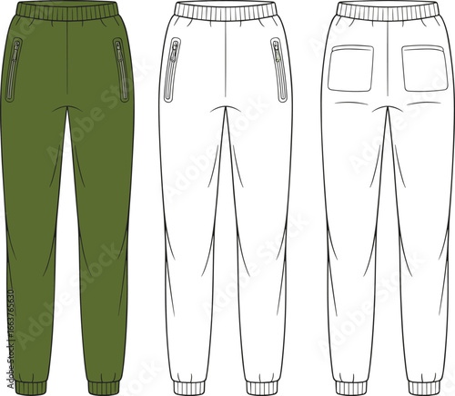 Jogger pants front and back technical sketch, zippered pocket design, ribbed ankle cuff, vector apparel CAD drawing for sportswear fashion and clothing production template