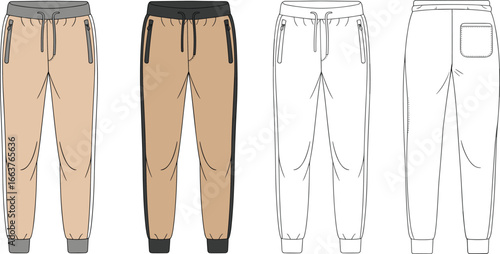 Jogger pants flat sketch, technical fashion drawing, casual sweatpants template, sportswear joggers design, CAD vector illustration, garment front back view template