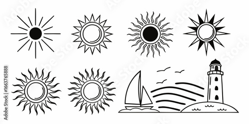 Collection of Stylized Sun Icons and Seaside Scene