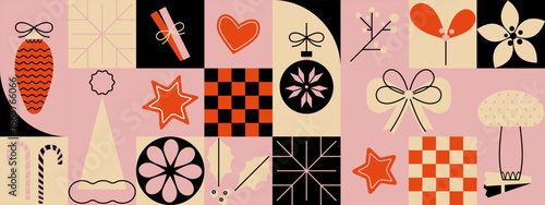 Christmas geometric pattern in pale pink color. Vector flat grid design with holiday decoration icons, vintage xmas bauble, snowflake, holly leaves, gingerbread cookie. Abstract mosaic festive layout
