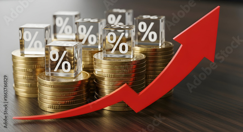 Stacks of gold coins with percent symbols above and white block labeled “GST” — tax rate increase concept, percentages, financial burden and revenue illustration