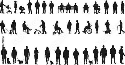  Large vector collection of diverse people silhouettes, featuring adults standing, walking dogs, sitting on benches, using wheelchairs, and pushing strollers, isolated on white background.
