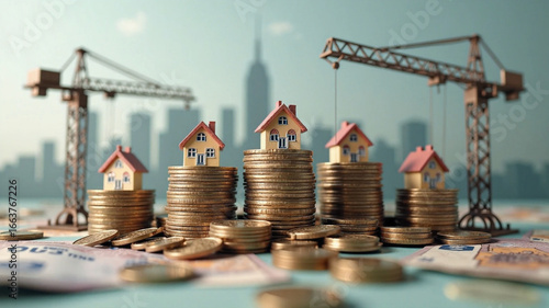 Real Estate Investment and Urban Growth Concept with Coins, Miniature Houses, and City Skyline