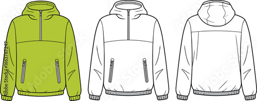 Long hooded sweatshirt front and back view with drawstring pockets, cad drawing flat vector illustration, fashion design garment layout