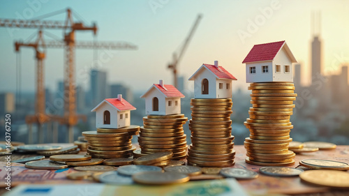 Real Estate Investment and Urban Growth Concept with Coins, Miniature Houses, and City Skyline