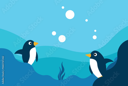 Two penguins in antarctica with bubbles, a cute and funny cartoon illustration of wildlife in winter