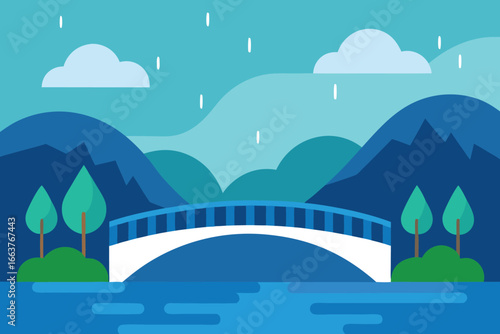 Scenic landscape featuring a bridge over a tranquil river, with mountains, trees, and clouds creating a serene and picturesque natural environment
