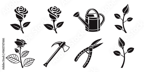 Garden Icons: Roses, Watering Can, and Tools