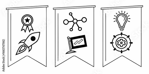 Icons representing innovation, success, and progress