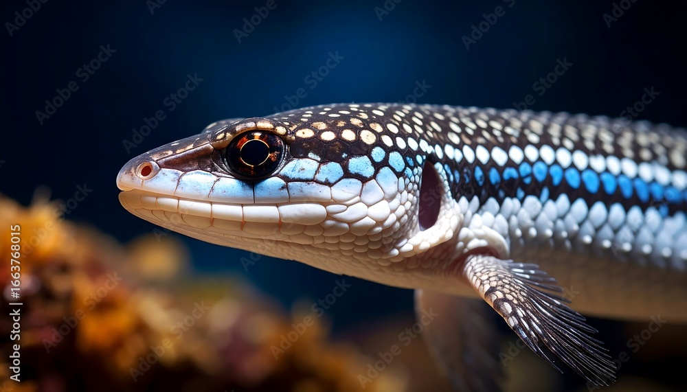 Naklejka premium Close-up of a fascinating aquatic lizard, showcasing its intricate patterned scales in shades of blue, black, and white, against a dark background.