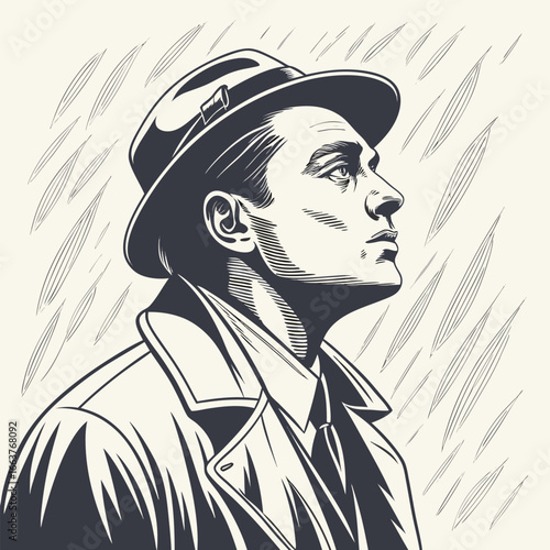 Man in hat and trench coat looking up profile