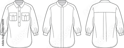 Long sleeve fashion shirt design, flap pocket blouse layout, front and back view, cad drawing flat vector illustration, clothing templateLong sleeve fashion shirt design,