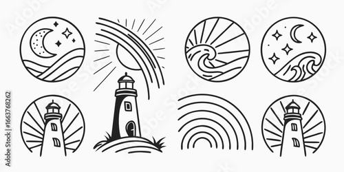 Minimalist Lighthouse and Celestial Scene Icons