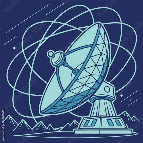 Satellite dish receiving cosmic signals amidst abstract orbits and mountain peaks astronomy space exploration