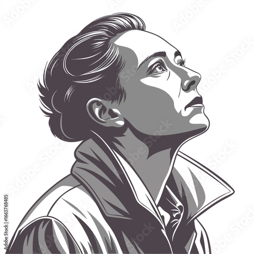 Woman looking up thoughtful expression portrait grey scale