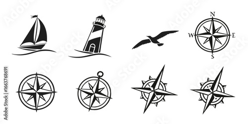 Nautical Icons: Sailboat, Lighthouse, Seagull, and Compasses