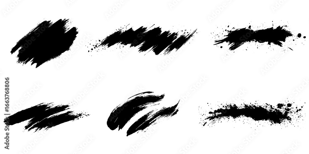 Fototapeta premium Six black grunge brush stroke elements for dynamic artistic designs and textures white background