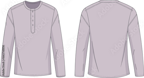 Long sleeve henley shirt front back view CAD flat template technical drawing, vector illustration, casual raglan sleeve, button placket tee design appare