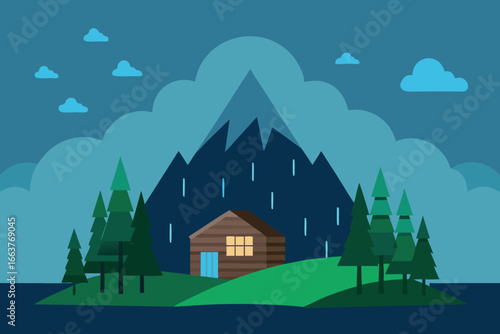 A cozy cabin nestled amidst towering mountains and lush pine trees, with soft clouds and gentle rain creating a tranquil and scenic landscape
