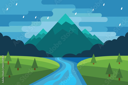 A picturesque mountain landscape featuring a winding river, lush green fields, and a rainy sky, creating a serene and peaceful natural environment