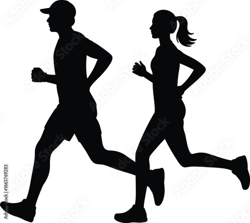 Man and woman running together, outdoor fitness, healthy lifestyle, jogging couple, exercise routine, morning workout, sportswear, active people, silhouette illustration