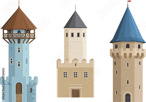 Medieval castle towers, ancient fortress architecture, vintage watchtowers vector, historic defense buildings, fairytale castle design, fantasy tower clipart, stone guard towers,