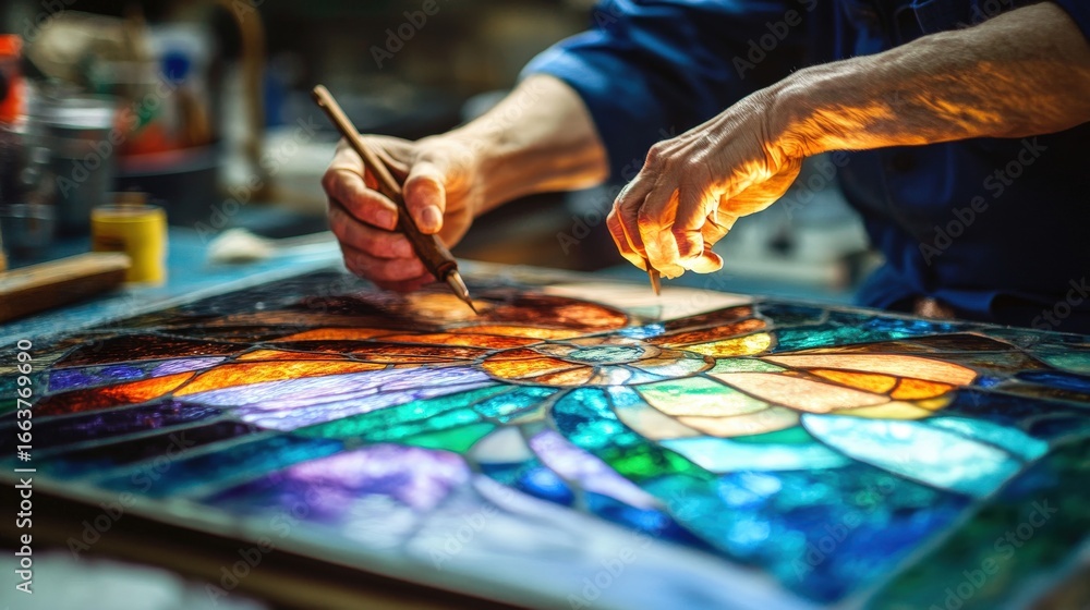 Obraz premium Skilled artisan carefully crafting a vibrant stained glass piece.