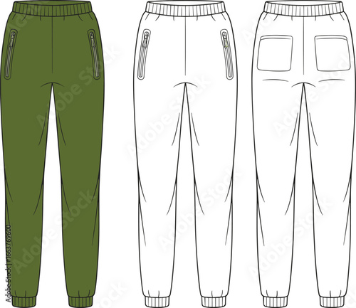 Men’s jogger pants flat technical sketch, front and back view, zipper pockets, ribbed cuffs, vector CAD template for fashion apparel and sportswear clothing design