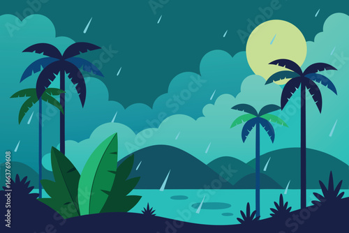 A mesmerizing tropical landscape at night with rain, palm trees, and a glowing moon, creating a serene and enchanting atmosphere