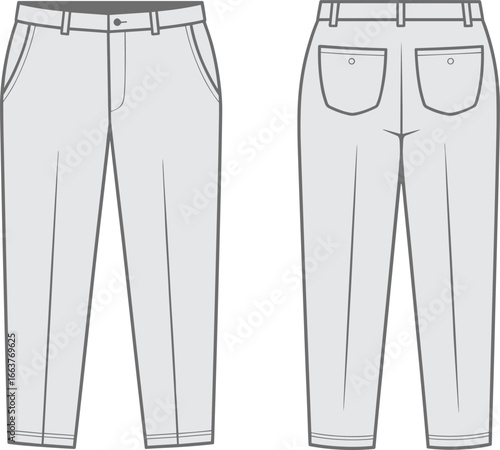 Men’s formal trousers flat sketch front and back view, belt loops, buttoned pockets, fashion technical CAD drawing for apparel design and clothing production template
