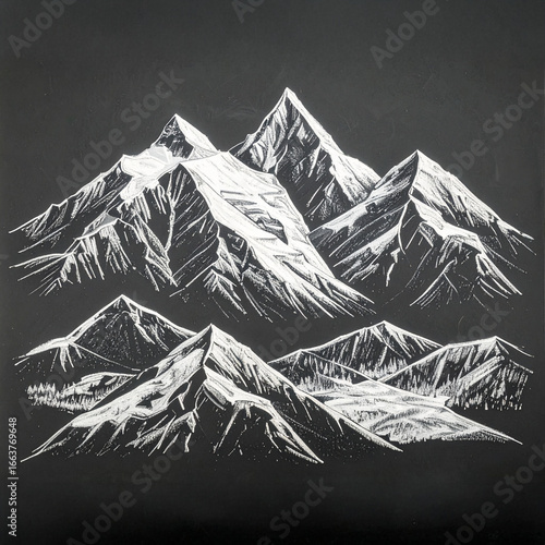  Clean, minimalist illustration of two tiers of snow-capped mountain ranges sketched in white chalk or crayon against a deep black, textured background. The stylized lines emphasize the sharp, dramati
