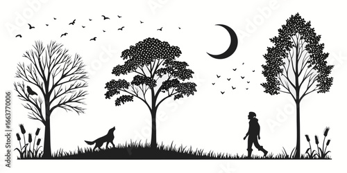 Silhouette of person walking with wolf under crescent moon and trees