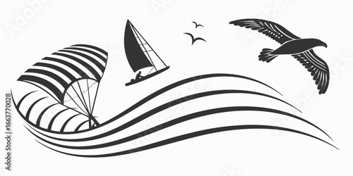 Silhouette of Sailing Boat, Kite, and Seagull Over Waves