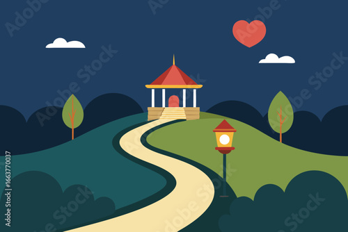 A romantic park scene with a path leading to a pavilion under the night sky, featuring a heart symbolizing love and togetherness