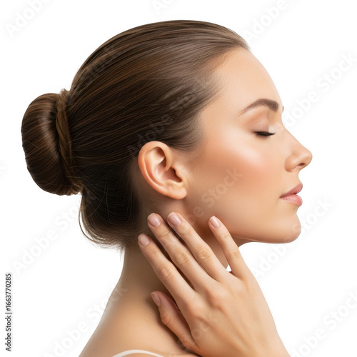 Elegant woman's profile touching her neck with eyes closed in soft lighting transparent background