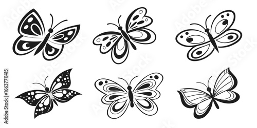 Six Stylized Black and White Butterfly Designs