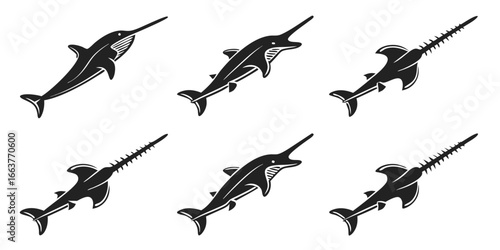 Six Stylized Black Sawfish Silhouettes