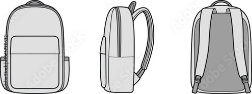 Modern backpack front view, side view, back view, clean outline, CAD technical drawing, flat vector style, detailed strap, school bag design, fashion gear
