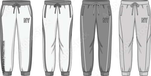 Modern jogger pants vector illustration, stylish sweatpants design, drawstring waist, color block detail, NY text print, front and back fashion CAD template