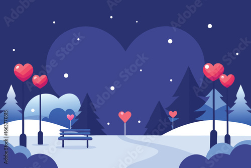 Romantic winter park with heart shaped balloons, a vector illustration for valentines day celebration and love themed graphic design projects