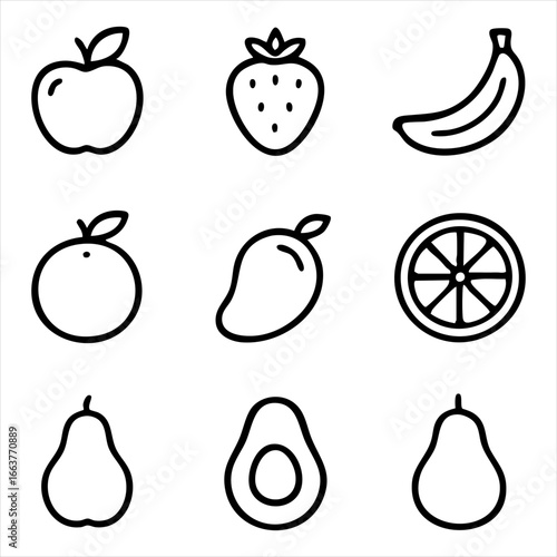 A set of simple line art icons for fruits