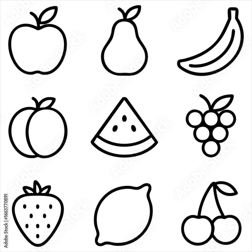 A set of simple line art icons for fruits