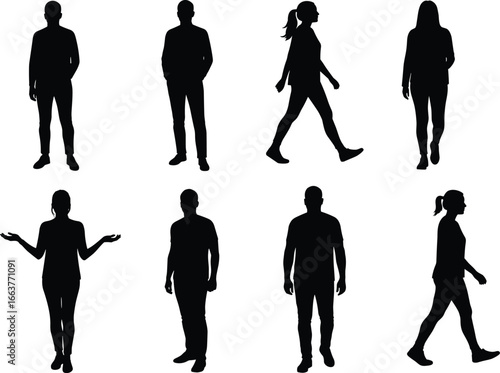 Set of diverse human silhouettes depicting various poses: standing, walking, and gesturing, representing different actions and activities, isolated on a clean white background