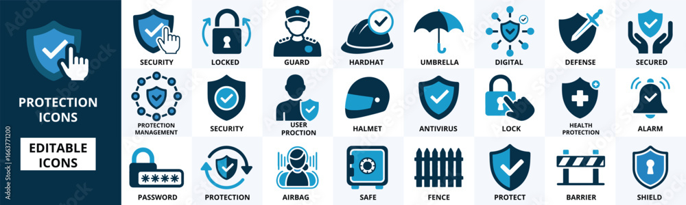 Fototapeta premium Protection icon set vector with shield lock security alarm umbrella guard and fence symbols.