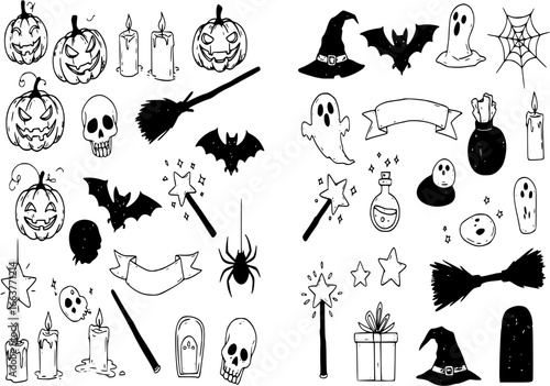 halloween icons set and magic set of hand drawn
