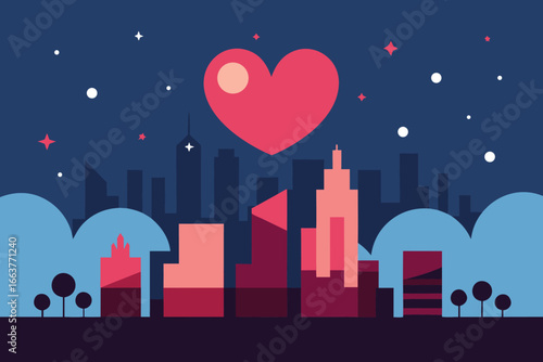 Romantic cityscape with heart shape over the city, a vector illustration for valentines day celebration and love themed graphic design projects