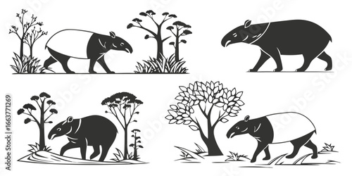 Stylized Black and White Tapir Illustrations in Natural Settings